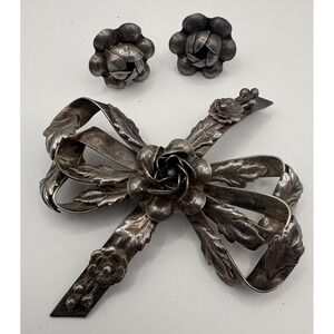 HOBE Brooch Earrings 14k Posts Sterling Silver 925 Flower Bow